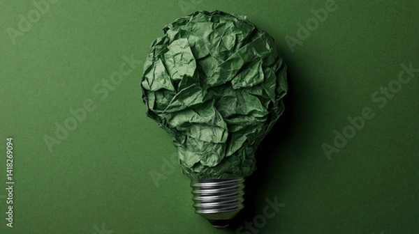 Fototapeta Green eco friendly lightbulb from green paper on green paper. The idea and concept of ecological and energy-saving, green energy, saving and preserving natural resources