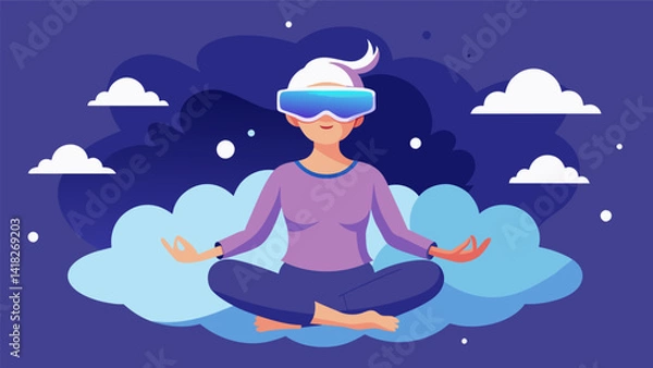 Fototapeta A peaceful and immersive VR experience in the clouds allowing users to let go of their worries as they soar through a tranquil sky and choose from. Vector illustration