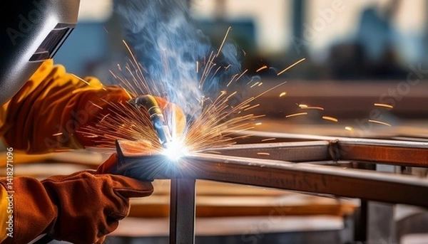 Fototapeta A macro view of a carpenter using a wood saw; wearing orange and blue gloves;