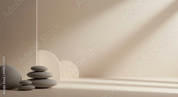 Fototapeta Stacked stones in a beige room with light and shadow creating a peaceful scene.