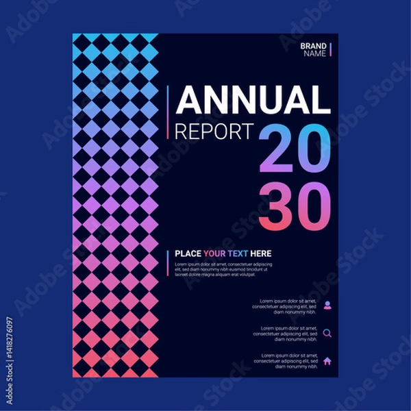 Fototapeta Modern annual report cover design template with dark background and colorful gradient square pattern for professional business brochure or corporate presentation