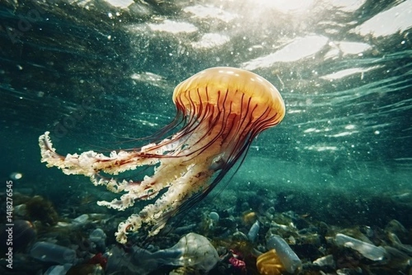 Fototapeta Lion's mane jellyfish swimming in sunlit ocean water over plastic garbage polluting seabed, highlighting environmental damage and plastic pollution