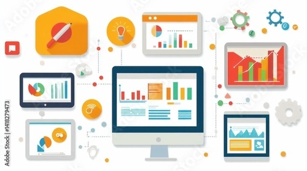 Fototapeta Illustration of interconnected devices showing data and analytics charts.