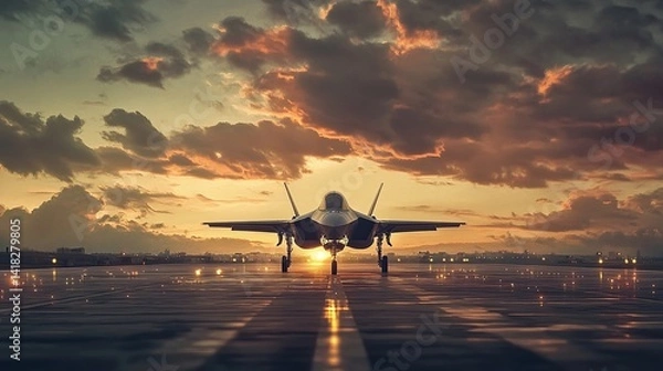 Fototapeta F-35 fighter jet on runway, front view. Aircraft making final approach to landing strip. Airforce tech, military aviation engineering, defense industry, speed and power. Generative AI background