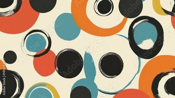 Fototapeta Abstract art featuring circles in a retro color palette and textured brushstrokes.