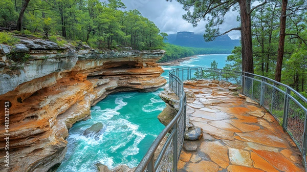 Obraz Stunning coastal cliffside walkway with turquoise water, sandstone formations, and lush green trees.  A breathtaking view.
