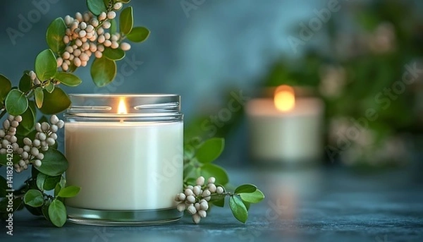 Fototapeta Soft, ambient candlelight adorned with delicate greenery.