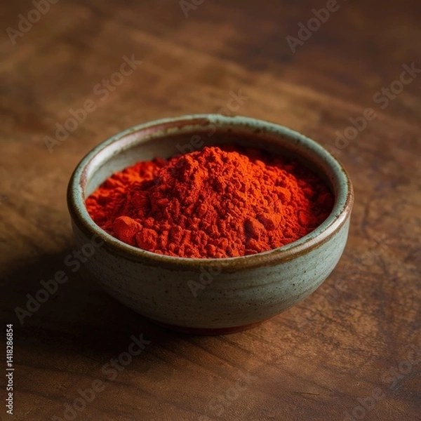 Obraz Vibrant paprika powder in rustic bowl warm lighting rich brown wood background