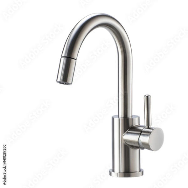 Obraz Stainless steel faucet with curved neck. Isolated white background. Png format