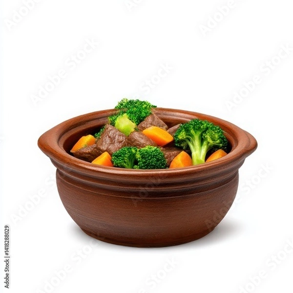 Fototapeta Beef stew with vegetables in bowl isolated on white background