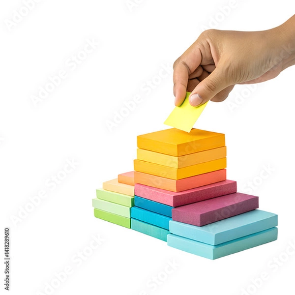 Fototapeta Hand Placing a Yellow Sticky Note on a Stack of Colorful Sticky Notes Isolated on Transparent Background