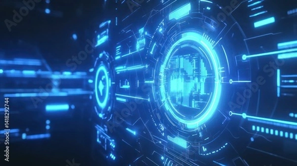 Fototapeta A futuristic digital interface with glowing blue circular designs.