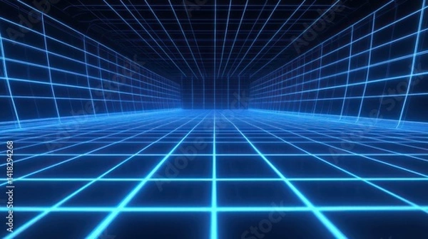 Fototapeta Futuristic blue neon grid on black background, abstract wireframe tunnel.