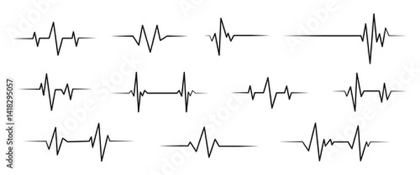 Fototapeta Heartbeat line collection with heart symbol, cardiology, medical pulse, ECG, EKG design, healthcare clipart vector illustration, health monitoring, digital heartbeat graphics