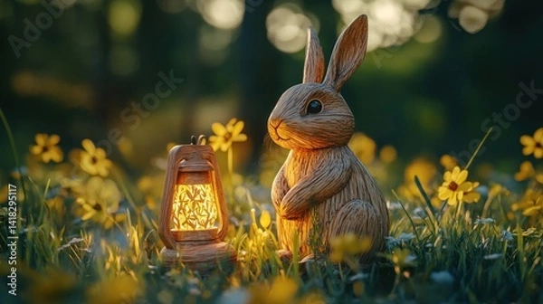 Obraz Standing Bunny with Glowing Lantern in a Field of Flowers