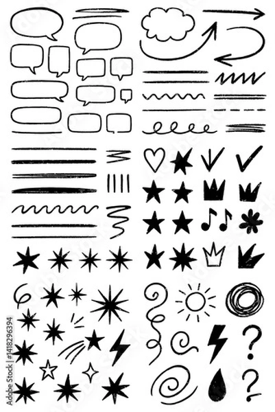 Obraz Vector set of various hand-drawn black chalk elements, including speech bubbles, thought clouds, arrows, underlines, wavy lines, dashes, swirls, hearts, stars, checkmarks, crowns, musical notes, sun, 