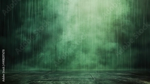Fototapeta Abstract image of rain, green atmospheric mist and dark grey tile floor.