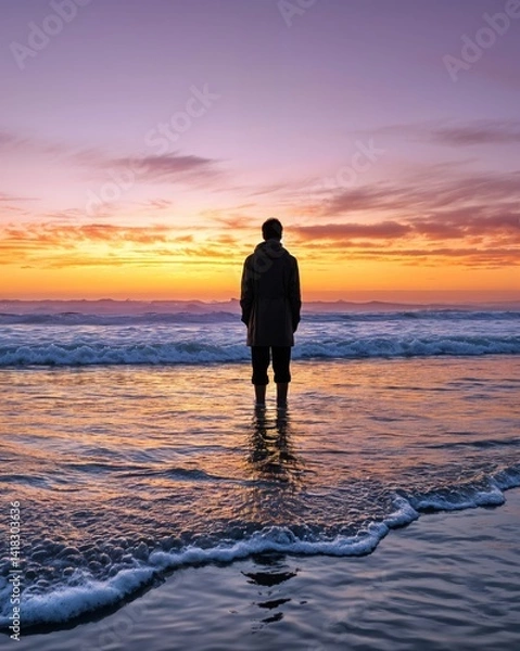 Obraz A solitary figure stands partially submerged in calm waves at the shoreline, gazing at a vibrant sunset that paints the sky with hues of orange and purple, creating a serene atmosphere of tranquility.