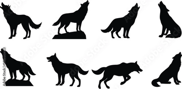 Obraz Set of Howling Wolf Silhouettes – Black Animal Vector Icons on White Background