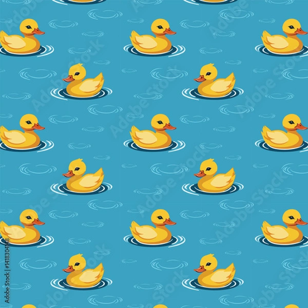 Fototapeta Yellow ducklings on the water.Vector seamless pattern with floating yellow ducklings on a blue background.
