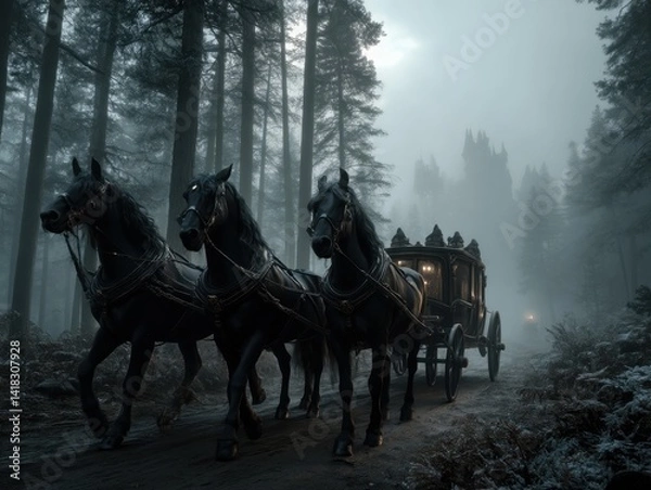 Obraz Gothic Castle in Foggy Forest with Horse-Drawn Carriage and Spiraling Spires in the Distance