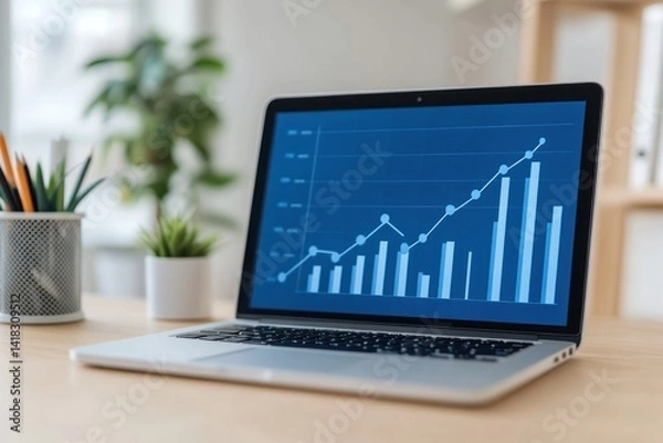 Fototapeta Laptop displaying a rising graph on a wooden desk with office supplies.