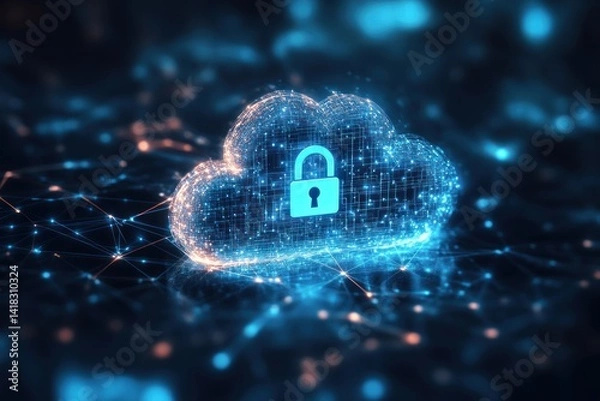 Fototapeta Digital cloud with padlock icon on dark background representing data security.