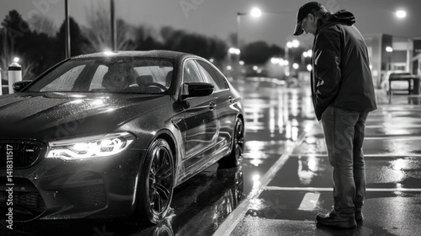 Obraz Man checking car in rain at night in a parking lot, moody black and white shot