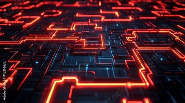 Obraz Abstract Circuit Board: Glowing Red Lines and Dark Tech Aesthetic