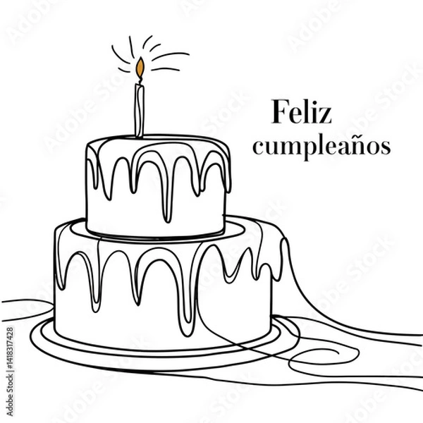 Obraz A simple, line-drawn birthday cake topped with a single lit candle is featured, with the message Feliz cumpleanos