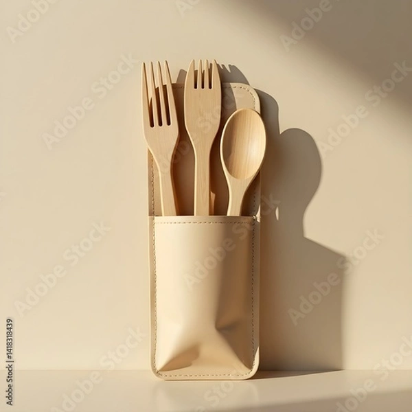Fototapeta Minimal Bamboo Cutlery Set in Roll-Up Pouch Mockup – Sustainable Utensils Display