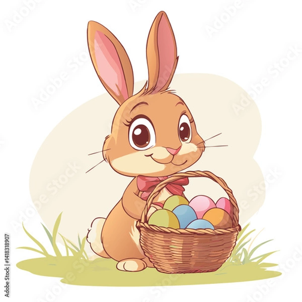 Fototapeta Happy Easter card with cute baby bunny, wicker basket and colored eggs.