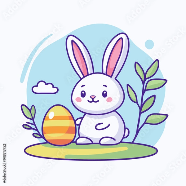 Obraz Cute rabbit and egg. Line art style. Vector Easter icon.