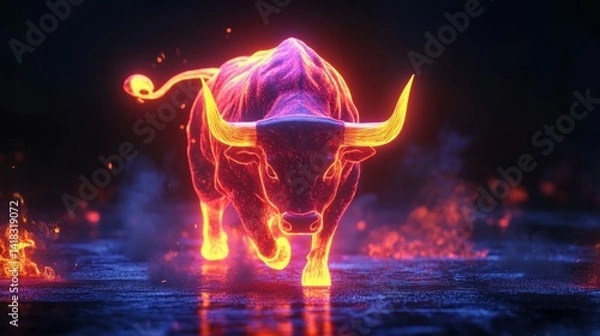 Obraz Fiery Bull Illustration Charging Forward with Glowing Neon Effect on Dark Background