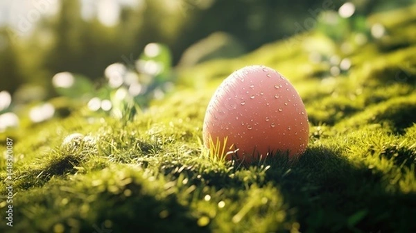 Obraz Easter Egg on Green Grass with Water Droplets in Sunlight