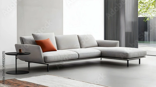 Fototapeta Modern L Shaped Sofa With Light Grey Fabric And Orange Pillows