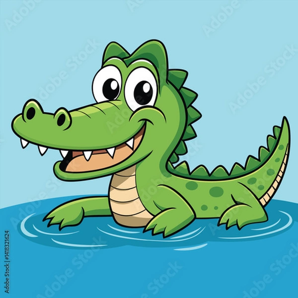 Obraz A cute green cartoon reptile, perhaps a baby alligator or dino character, offers a fun vector illustration
