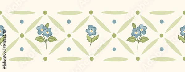 Obraz Vintage floral trellis border with forget me nots and geometric diamond trellis. Spring garden design for timeless textiles and cottagecore stationery.