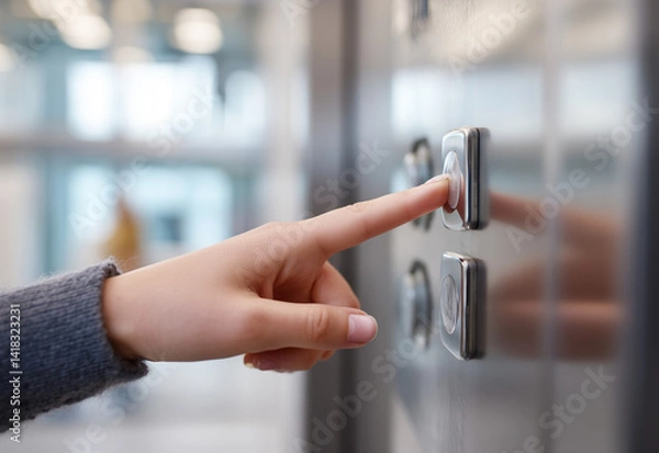 Fototapeta A person is using their finger to press a button inside an elevator