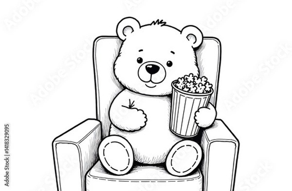 Fototapeta Coloring book. Linear black and white drawing. The cute teddy bear is sitting in an armchair and holding a popcorn. White background