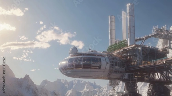 Obraz Futuristic Research Station on Mountain Peak with Snowy Landscape