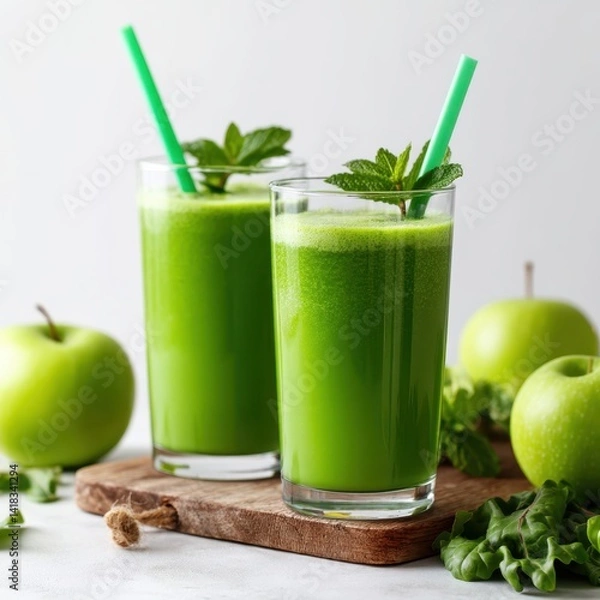 Fototapeta Green smoothies with mint and straws on rustic board with apples