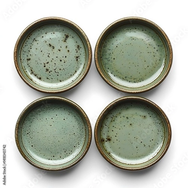 Fototapeta Four small, muted green ceramic plates, arranged in a square.