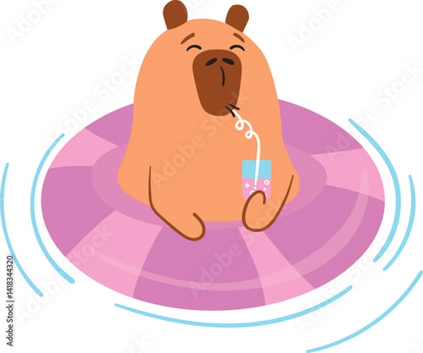 Fototapeta Cute minimalistic vector cartoon relaxed capybara swimming on a swimming ring sipping a cocktail through a straw. Fun summer sticker