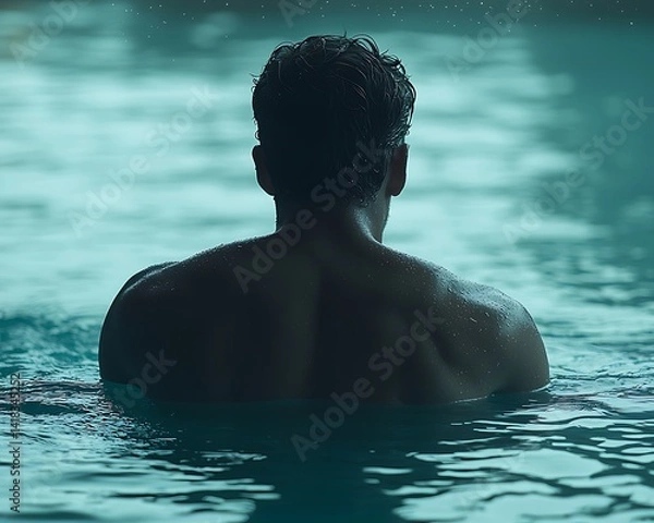 Fototapeta Silhouette of a man swimming in a dark pool.