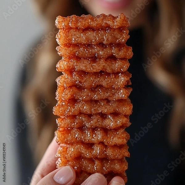 Fototapeta Stacked, sugared, and crispy rice snacks held in a hand.