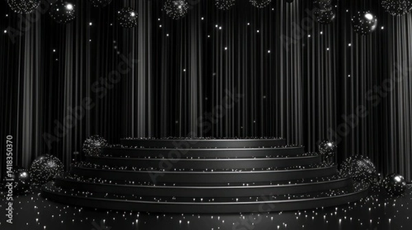 Fototapeta Black stage with balls & hanging curtains