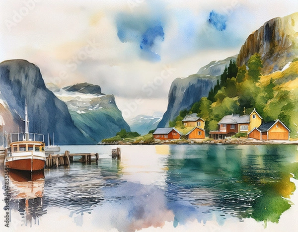 Obraz A watercolor of a Norwegian Fjord during Summer