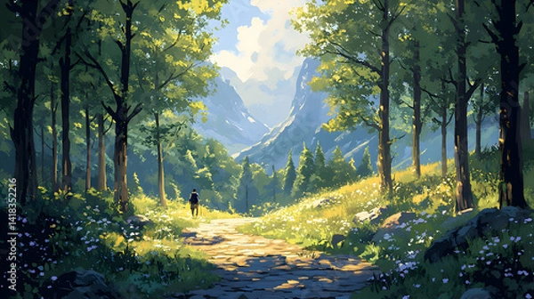 Obraz A peaceful mountain trail surrounded by tall trees, with a hiker walking through the dappled sunlight