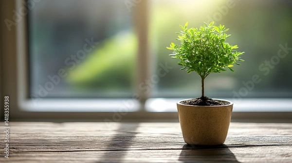 Fototapeta Small potted plant on wooden surface, sunlight streaming through window.  Perfect for concepts of growth, nature, and new beginnings.